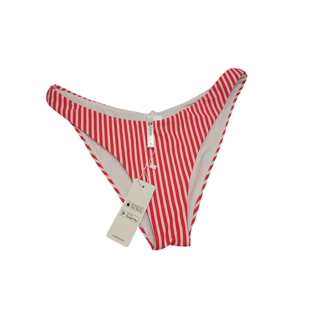 Cupshe Womens Red White Striped High Cut V Front Cheeky Bikini Swim Bottom S